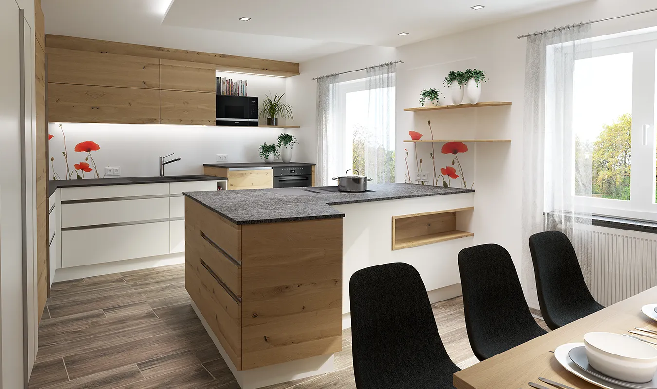 Beispielküche Galerie Holz weiß und Marmor
