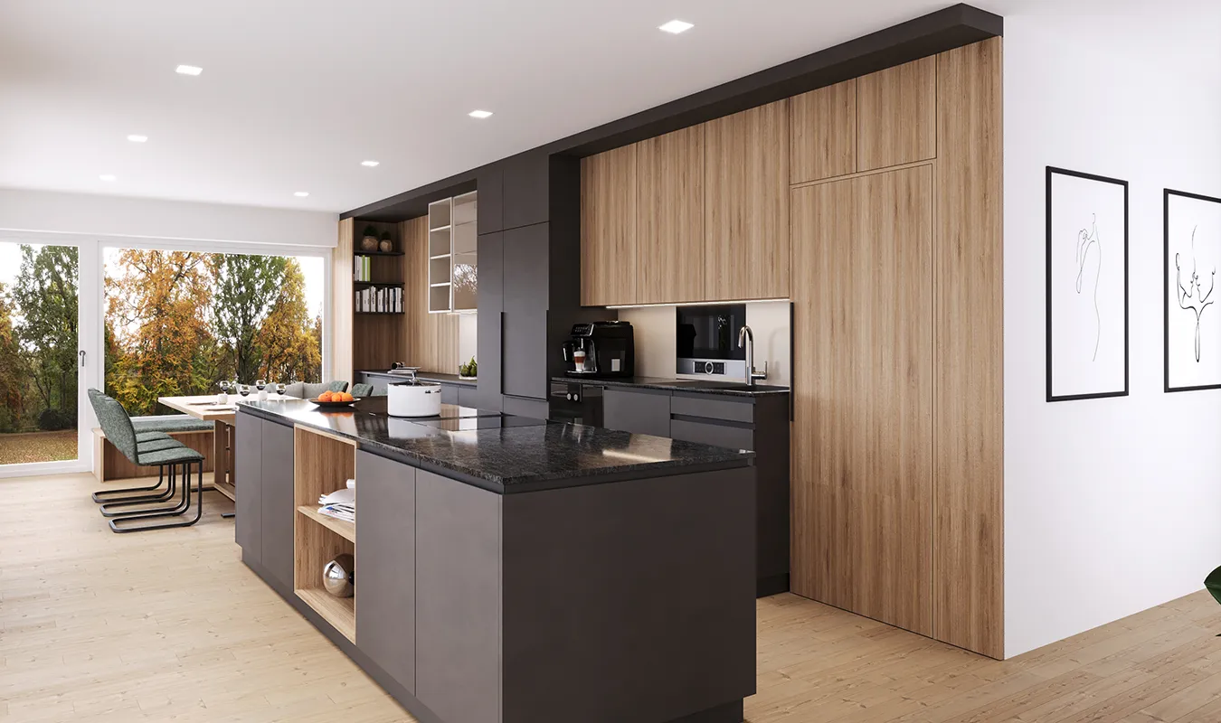 Beispielküche Galerie Schwarz mit Holzwand