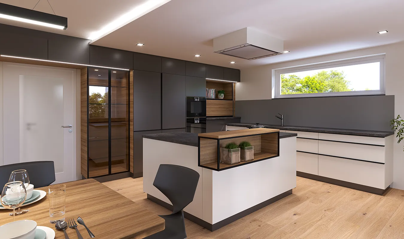 Beispielküche Galerie grau weiß und Holz