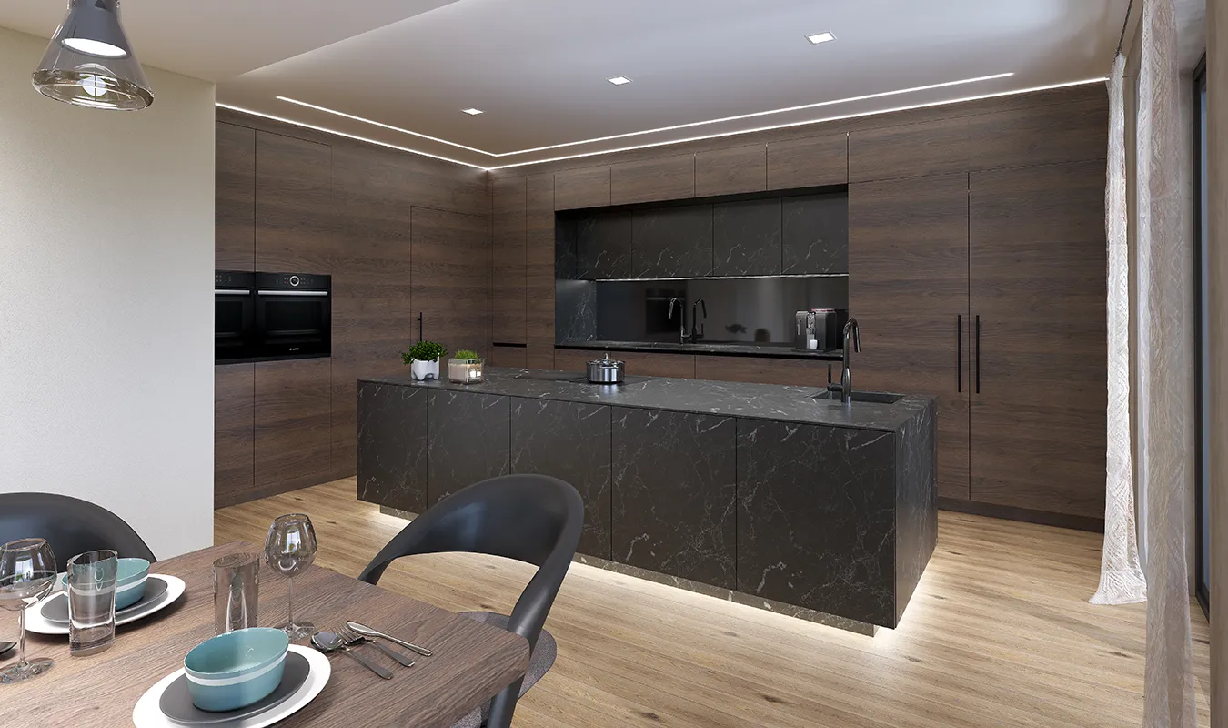 Beispielküche Galerie schwarz und dunkles Holz