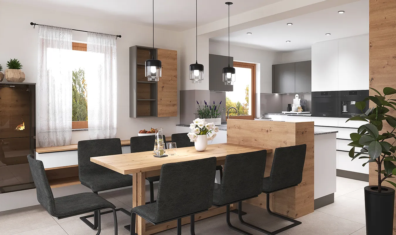 Beispielküche Galerie weiß mit Holz Esstisch