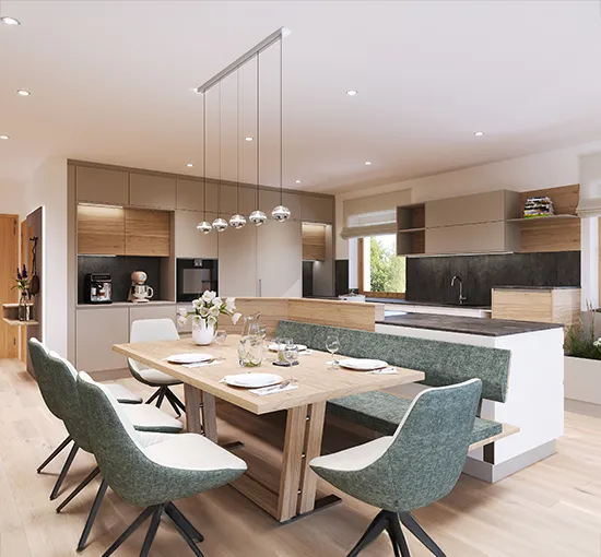 Beispielküche groß weiß mit Holz