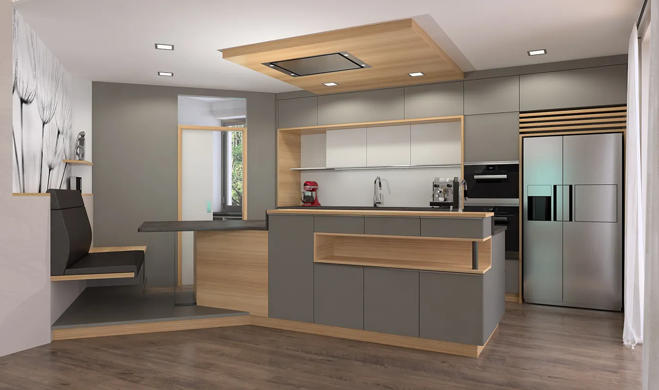 Beispielküche in grau mit Holzoptik