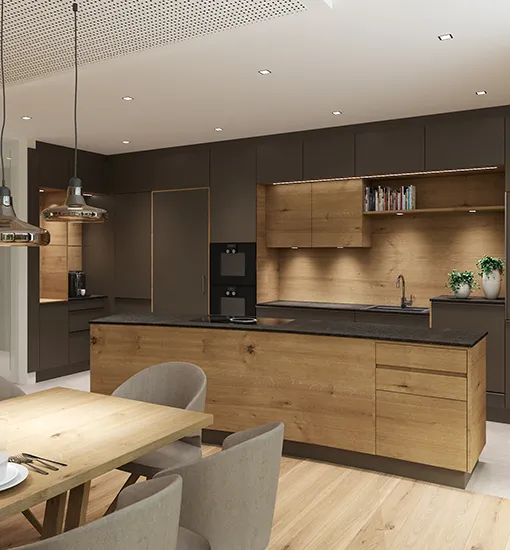 Küche mit Kochinsel in schwarz mit Holzoptik