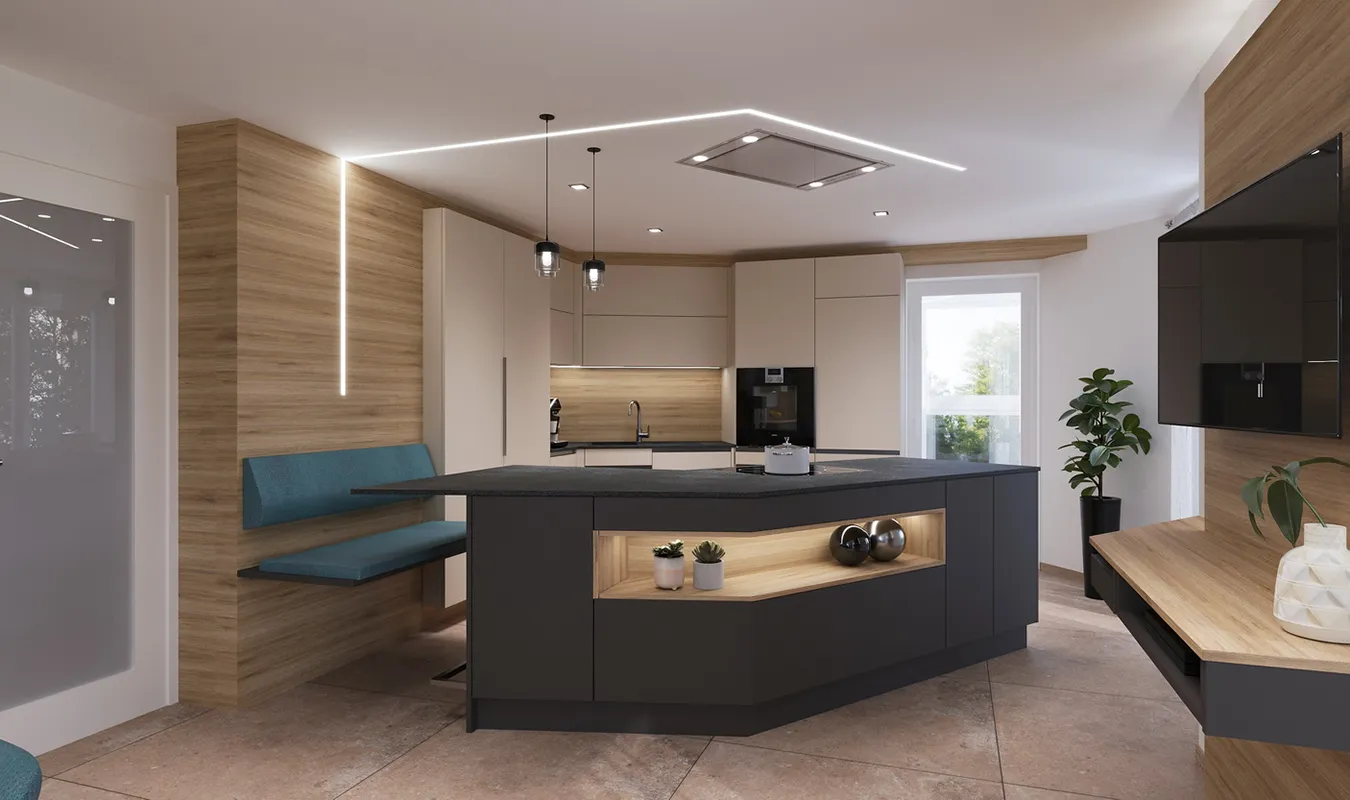 schwarze Beispielküche mit Kochinsel
